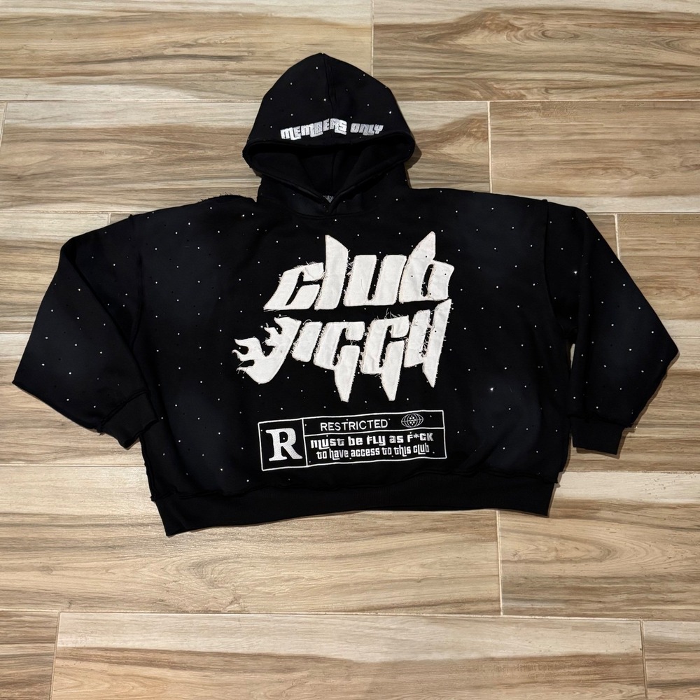 Club Jiggy Members Only Rhinestone Distressed Hoodie Black Medium